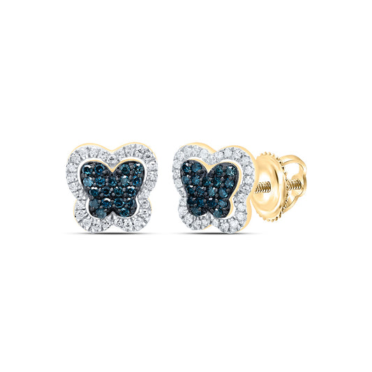 10kt Yellow Gold 1/3 Cttw Diamond Blue Diamond Butterfly Stud Earring