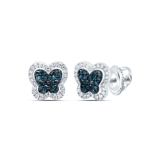 10kt White Gold 1/3 Cttw Diamond Blue Diamond Butterfly Stud Earring