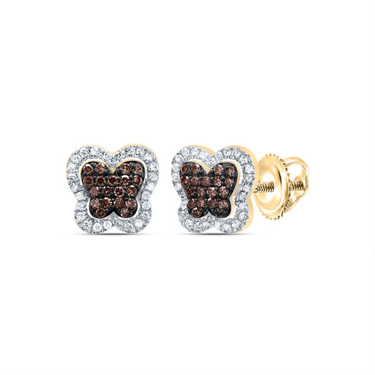 10kt Yellow Gold 1/3 Cttw Diamond Cognac Natural Diamond Butterfly Stud Earring