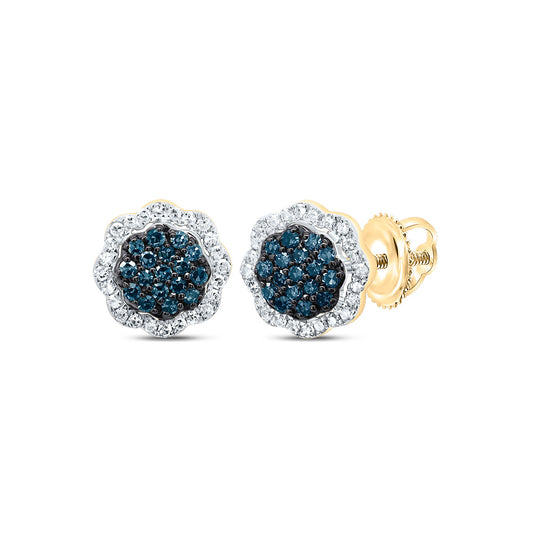 10kt Yellow Gold 1/4 Cttw Diamond Blue Diamond Flower Stud Earring