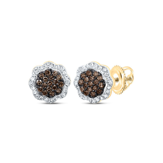 10kt Yellow Gold 1/4 Cttw Diamond Cognac Natural Diamond Flower Stud Earring