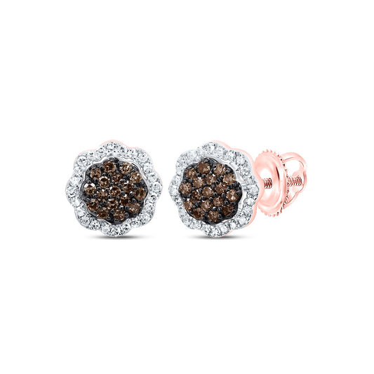 10kt Rose Gold 1/4 Cttw Diamond Cognac Natural Diamond Flower Stud Earring