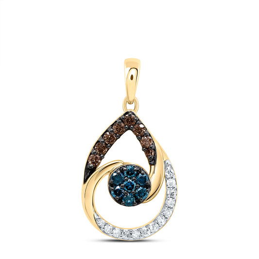 10kt Yellow Gold 1/3 Cttw Diamond Cognac Natural, Blue Diamond Pear Pendant