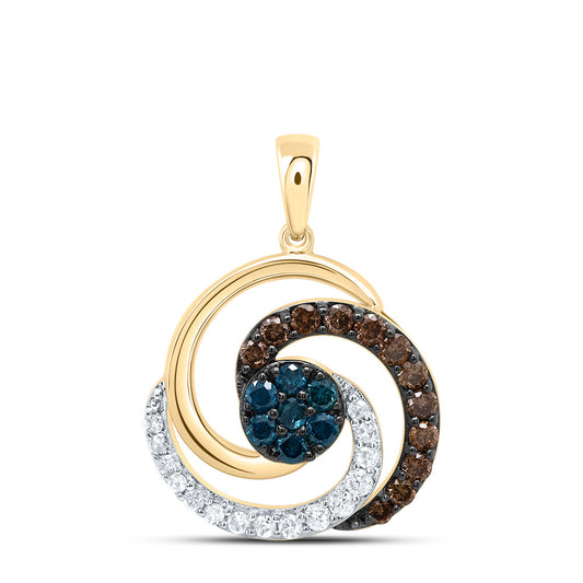 10kt Yellow Gold 3/8 Cttw Diamond Cognac Natural, Blue Diamond Round Pendant