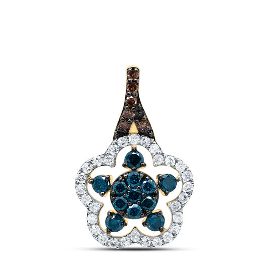 10kt Yellow Gold 1/2 Cttw Diamond Cognac Natural, Blue Diamond Flower Pendant