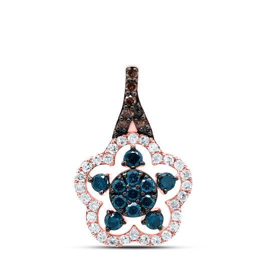 10kt Rose Gold 1/2 Cttw Diamond Cognac Natural, Blue Diamond Flower Pendant
