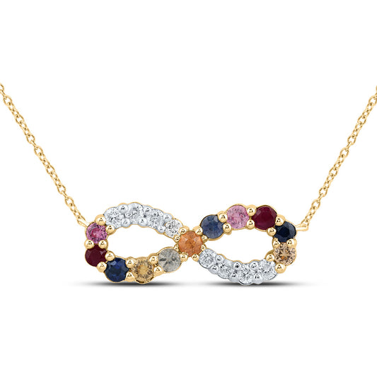 14kt Yellow Gold 1/8 Cttw Natural Diamond 3/8 Cttw Round Natural Gem Multicolor Sapphire Infinity Necklace, Length: 18 Inch