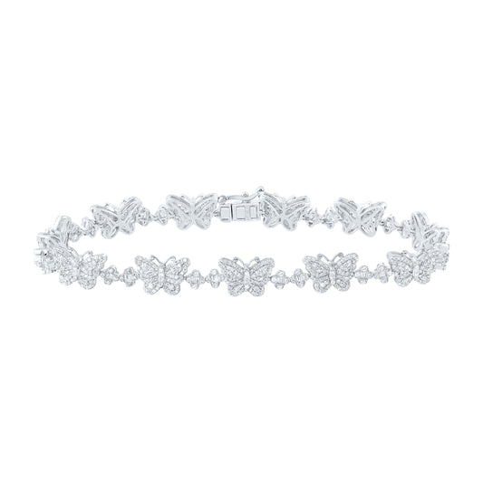 10kt White Gold 2 Cttw Diamond Clover Butterfly Ladies Bracelet, Length: 7 Inch