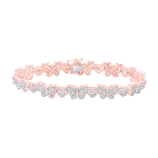 10kt Rose Gold 3 Cttw Natural Diamond Butterfly Heart Ladies Bracelet, Length: 7 Inch