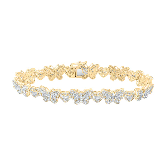 14kt Yellow Gold 3 Cttw Natural Diamond Butterfly Heart Ladies Bracelet, Length: 7 Inch