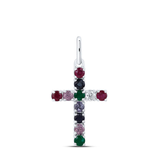 14kt White Gold 1/20 Cttw Natural Diamond and 1/2 Cttw Round Natural Gem Multicolor Sapphire Cross Pendant