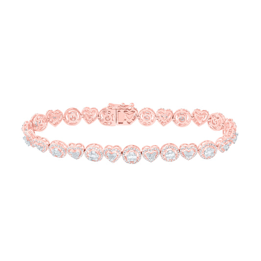 10kt Rose Gold 2 1/2 Cttw Natural Diamond Heart Round Ladies Bracelet, Length: 7 Inch