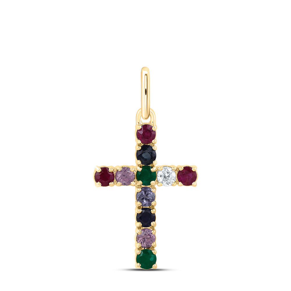 14kt Yellow Gold 1/20 Cttw Natural Diamond and 1/2 Cttw Round Natural Gem Multicolor Sapphire Cross Pendant