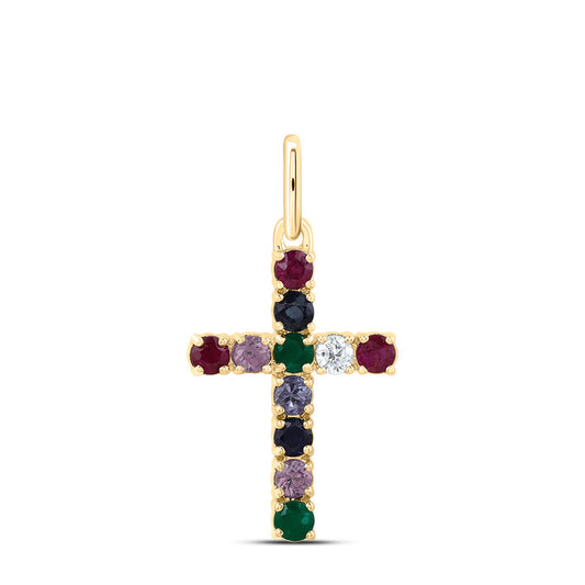 14kt Yellow Gold 1/20 Cttw Natural Diamond and 1/2 Cttw Round Natural Gem Multicolor Sapphire Cross Pendant
