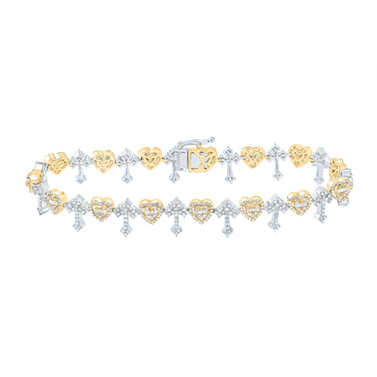 10k Yellow White 2 7/8 Cttw Natural Diamond Fashion Heart Cross Mens Bracelet, Length: 8 Inch