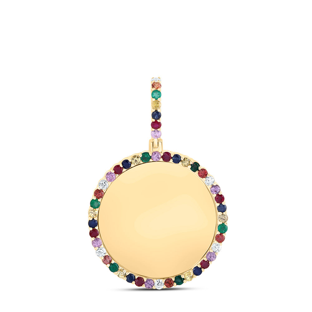 10kt Yellow Gold 1/5 Cttw Diamond and 1 5/8 Cttw Round Natural Gem Multicolor Sapphire Memory Round Pendant