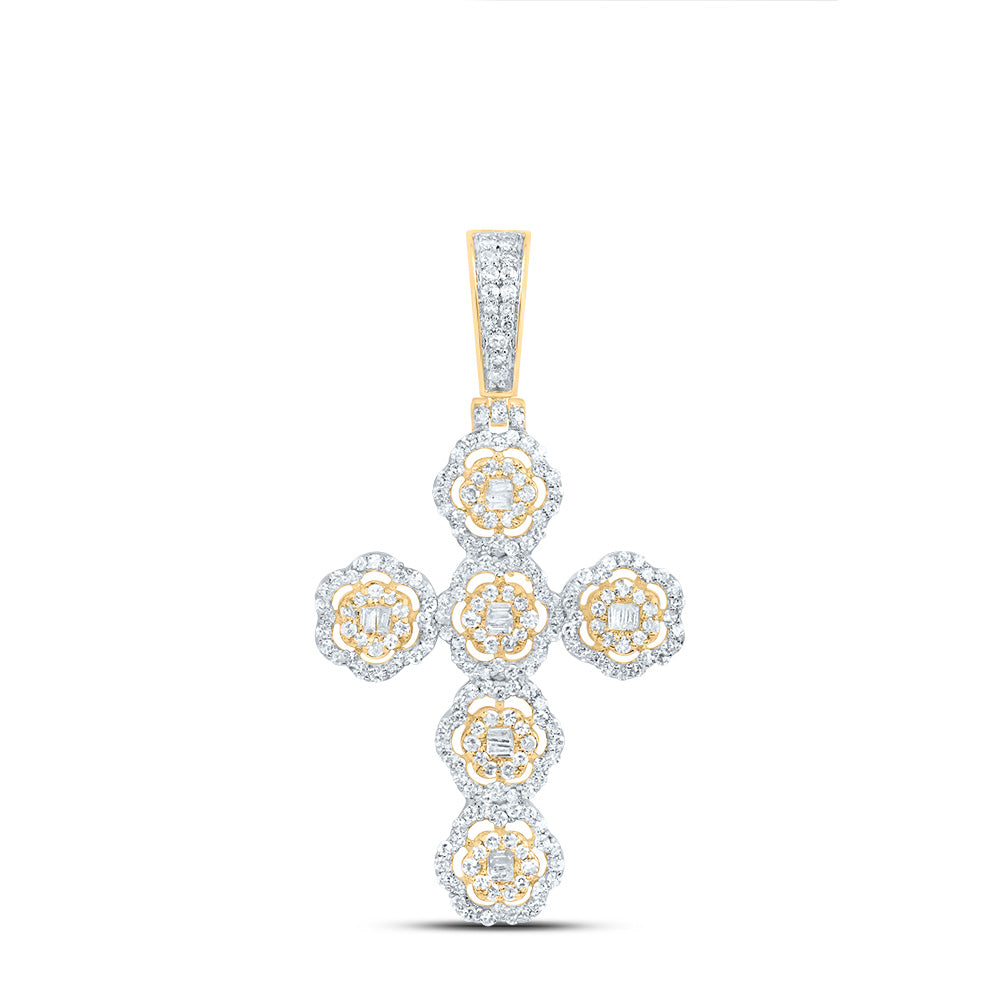 10kt Yellow Gold 7/8 Cttw Diamond Fashion Flower Cross Pendant