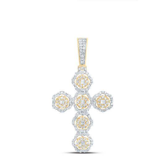 10kt Yellow Gold 7/8 Cttw Diamond Fashion Flower Cross Pendant