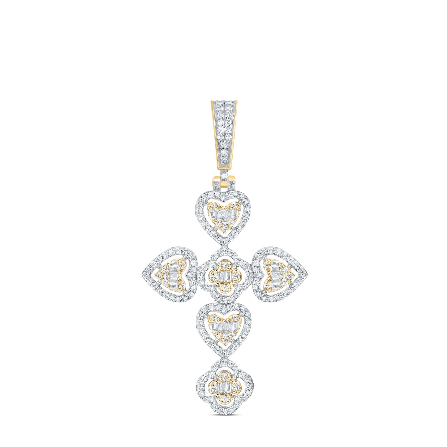 10kt Yellow Gold 3/4 Cttw Natural Diamond Fashion Clover Heart Cross Pendant