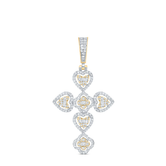 10kt Yellow Gold 3/4 Cttw Natural Diamond Fashion Clover Heart Cross Pendant