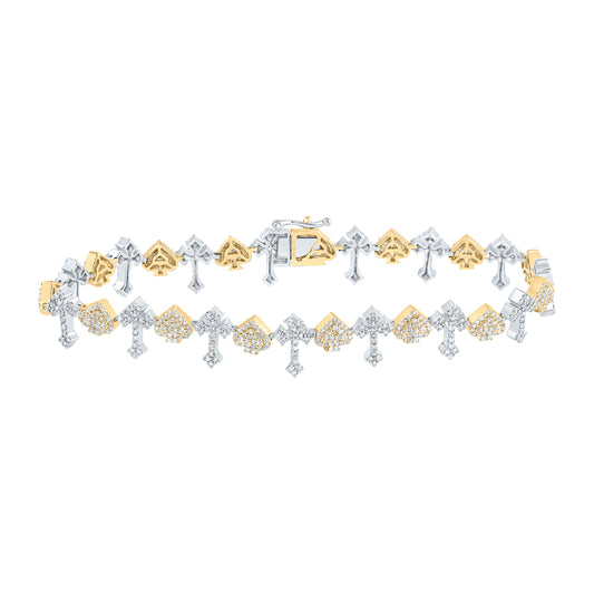 10k Yellow White 2 5/8 Cttw Natural Diamond Cross Mens Bracelet, Length: 8 Inch