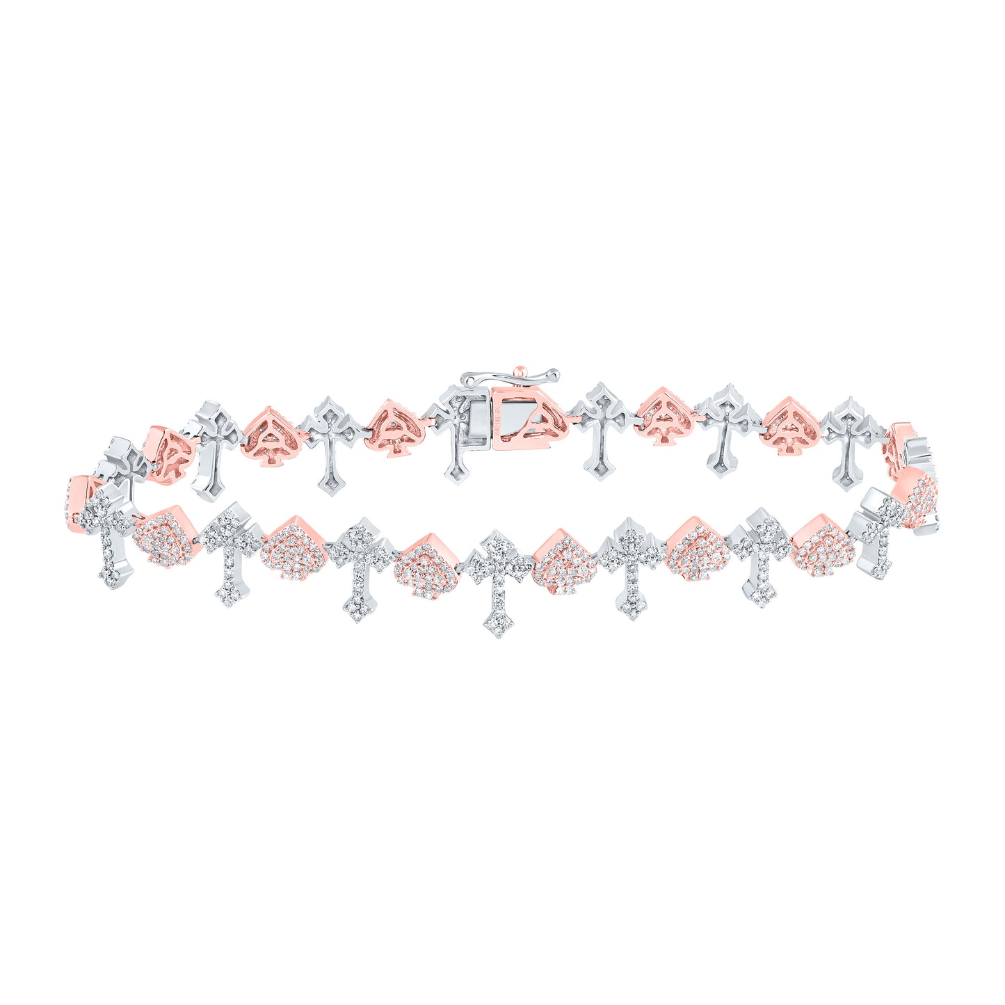 10k Rose White Gold 2 5/8 Cttw Natural Diamond Cross Mens Bracelet, Length: 8 Inch