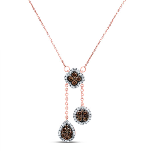 10kt Rose Gold 1 Cttw Diamond Cognac Natural Diamond Clover-pear Round Necklace, Length: 18 Inch