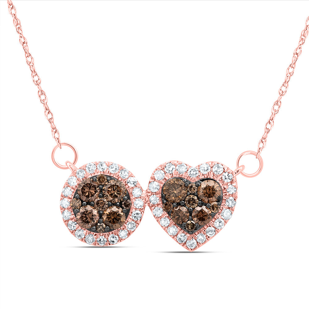 10kt Rose Gold 5/8 Cttw Natural Diamond Cognac Natural Diamond Heart Round Necklace, Length: 18 Inch