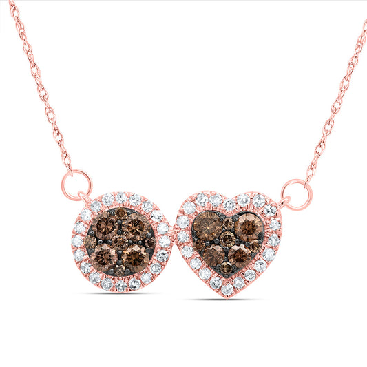 10kt Rose Gold 5/8 Cttw Natural Diamond Cognac Natural Diamond Heart Round Necklace, Length: 18 Inch