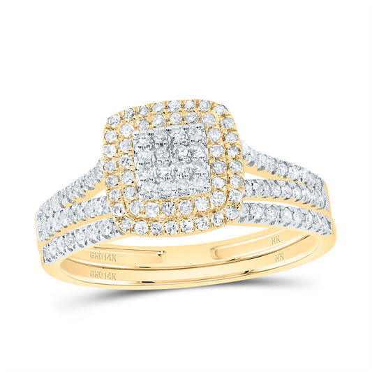 14kt Yellow Gold 1/2 Cttw Natural Diamond Cushion Double Halo Wedding Engagement Anniversary Bridal Set, Women Size: 5-9