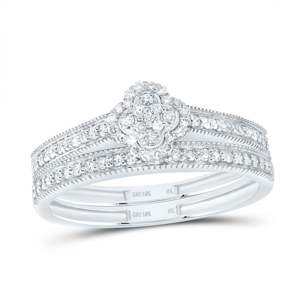10kt White Gold 1/4 Cttw Natural Diamond Fashion Clover Wedding Engagement Anniversary Bridal Set, Women Size: 5-9