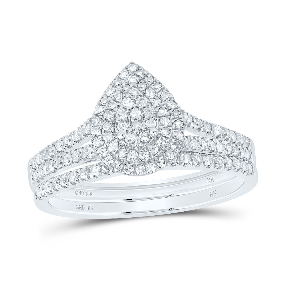 10kt White Gold 3/8 Cttw Natural Diamond Pear Double Halo Wedding Engagement Anniversary Bridal Set, Women Size: 5-9
