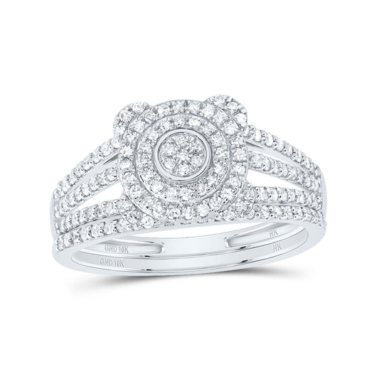 10kt White Gold 1/2 Cttw Natural Diamond Round Double Halo Wedding Engagement Anniversary Bridal Set, Women Size: 5-9