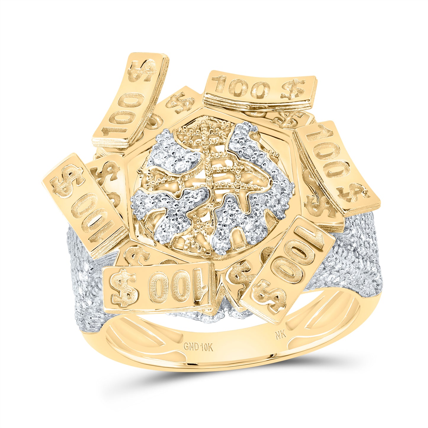 10kt Yellow Gold 1 Cttw Natural Diamond World Map Men's Ring, Men Size: 8-12