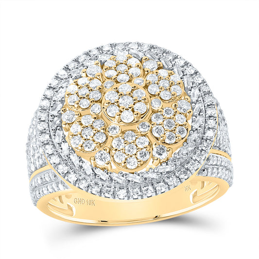 10kt Yellow Gold 1 3/4 Cttw Natural Diamond Round Flower Men's Ring, Men Size: 8-12