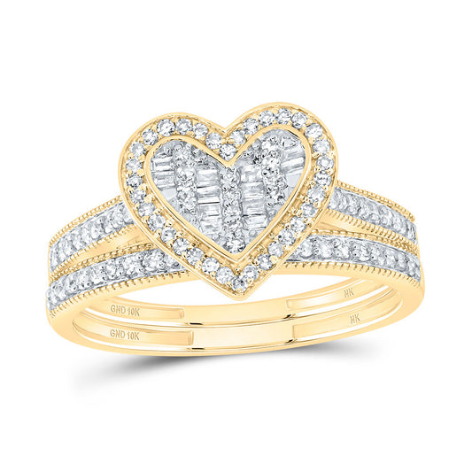 10kt Yellow Gold 1/3 Cttw Natural Diamond Fashion Heart Wedding Engagement Anniversary Bridal Set, Women Size: 5-9