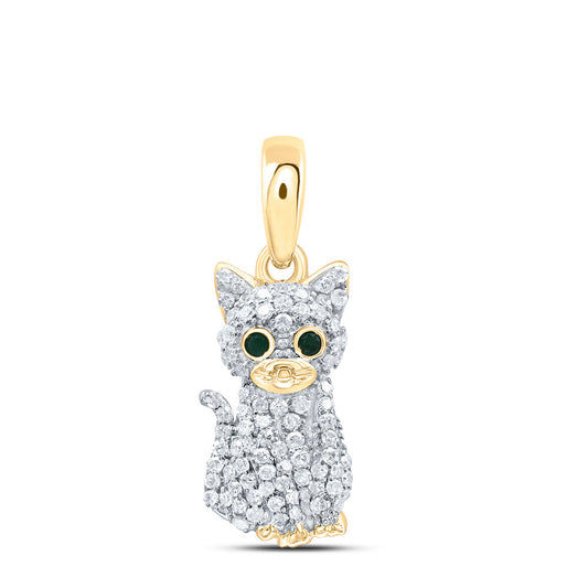 10kt Yellow Gold 1/5 Cttw Natural Diamond 0.012 Cttw Round Emerald Nat-gem Cat Pendant