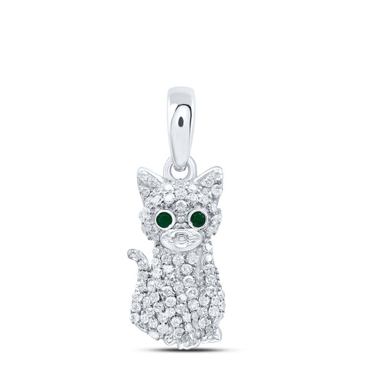 10kt White Gold 1/5 Cttw Natural Diamond 0.012 Cttw Round Emerald Nat-gem Cat Pendant