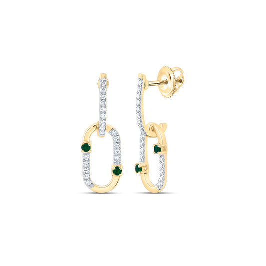 14kt Yellow Gold 1/6 Cttw Natural Diamond and 1/20 Cttw Round Emerald Natural Gem Paper Clip Dangling Earring