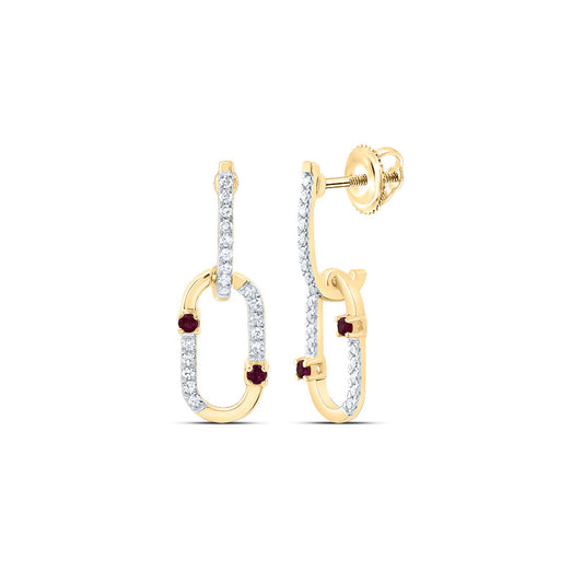 14kt Yellow Gold 1/6 Cttw Natural Diamond and 1/20 Cttw Round Ruby Natural Gem Paper Clip Dangling Earring