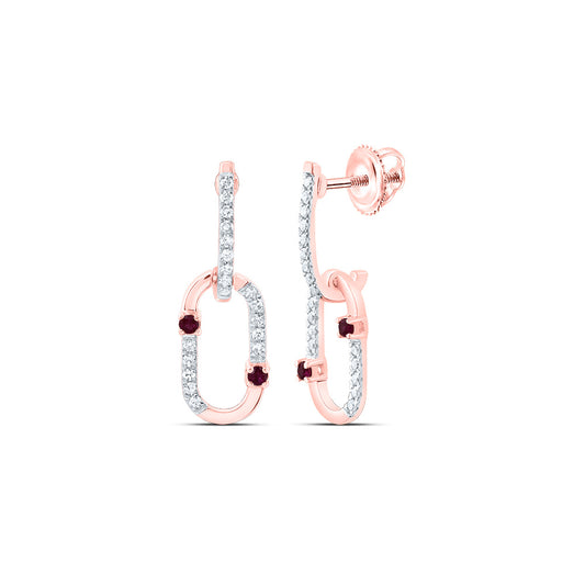 14kt Rose Gold 1/6 Cttw Natural Diamond and 1/20 Cttw Round Ruby Natural Gem Paper Clip Dangling Earring