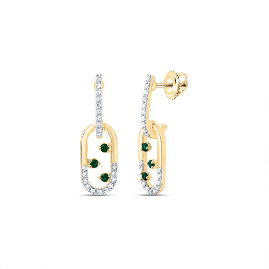 14kt Yellow Gold 1/6 Cttw Natural Diamond and 1/12 Cttw Round Emerald Natural Gem Paper Clip Dangling Earring