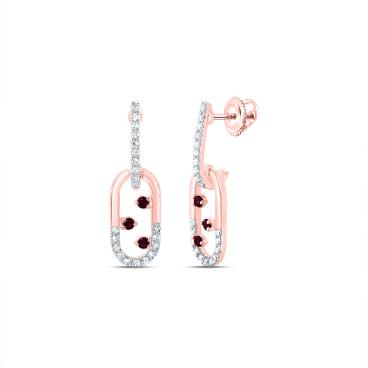14kt Rose Gold 1/6 Cttw Natural Diamond and 1/10 Cttw Round Ruby Natural Gem Paper Clip Dangling Earring