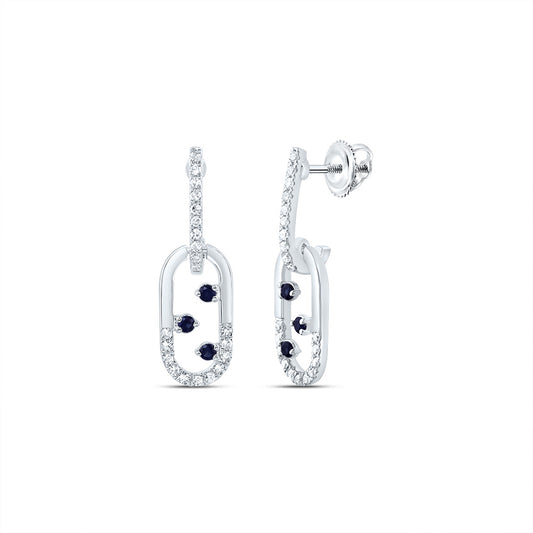 14kt White Gold 1/6 Cttw Natural Diamond and 1/12 Cttw Round Blue Sapphire Natural Gem Paper Clip Dangling Earring