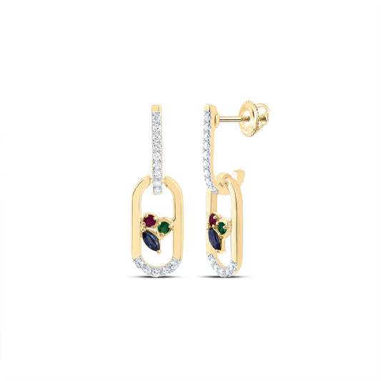 14kt Yellow Gold 1/10 Cttw Natural Diamond 1.4mm Round ru/em, 3x2mm Marquise Blue Sapphire Natural Gem Paper Clip Dangling Earring