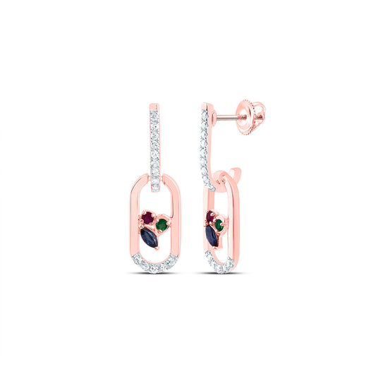 14kt Rose Gold 1/10 Cttw Natural Diamond 1.4mm Round ru/em, 3x2mm Marquise Blue Sapphire Natural Gem Paper Clip Dangling Earring