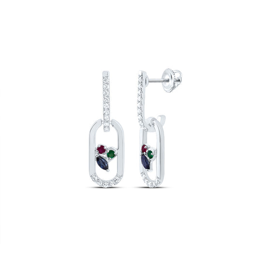 14kt White Gold 1/10 Cttw Natural Diamond 1.4mm Round ru/em, 3x2mm Marquise Blue Sapphire Natural Gem Paper Clip Dangling Earring