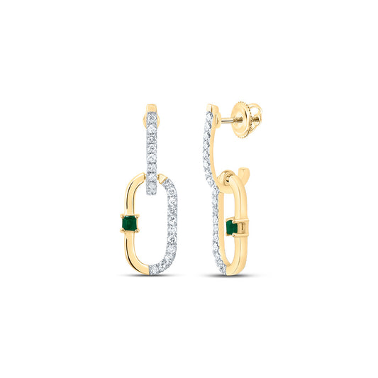 14kt Yellow Gold 1/6 Cttw Natural Diamond 1.5mm Pr Emerald Natural Gem Paper Clip Dangling Earring