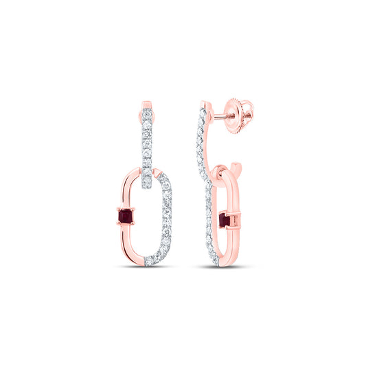 14kt Rose Gold 1/6 Cttw Natural Diamond 1.5mm Pr Ruby Natural Gem Paper Clip Dangling Earring