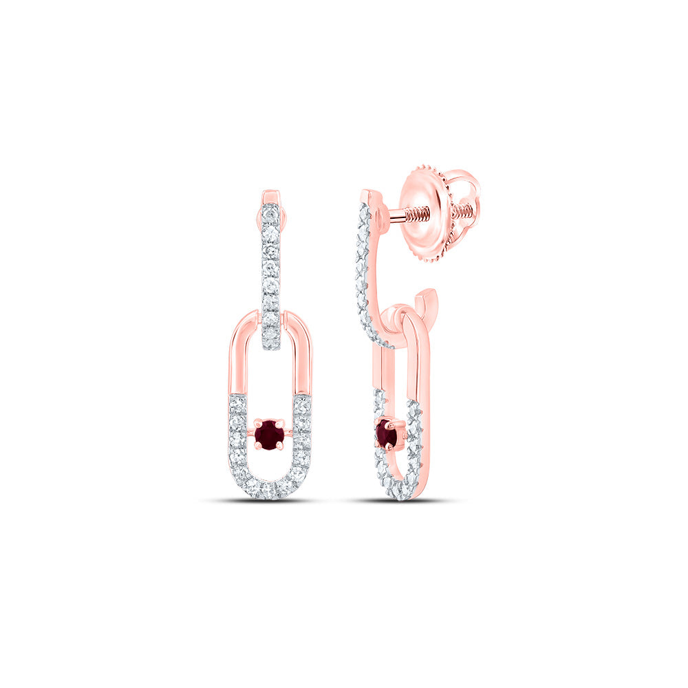 14kt Rose Gold 1/6 Cttw Natural Diamond 1.8mm Round Ruby Natural Gem Paper Clip Dangling Earring